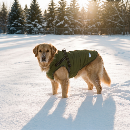 Dog wearing the coat in snow
