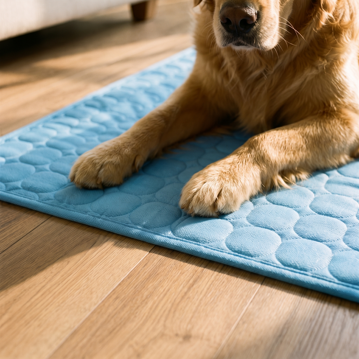 Dog paws resting on the cooling mat