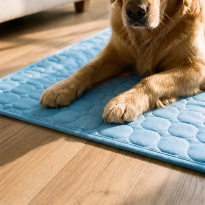 Dog paws resting on the cooling mat