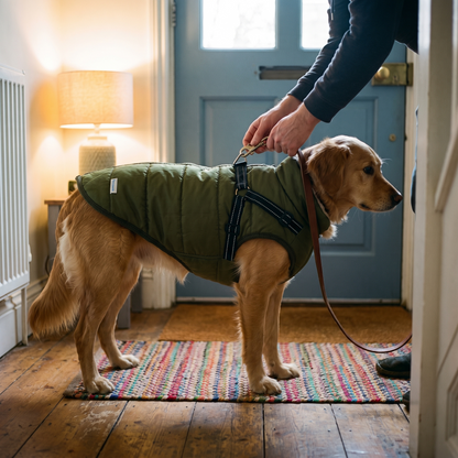 Dog in the coat waiting by the front door