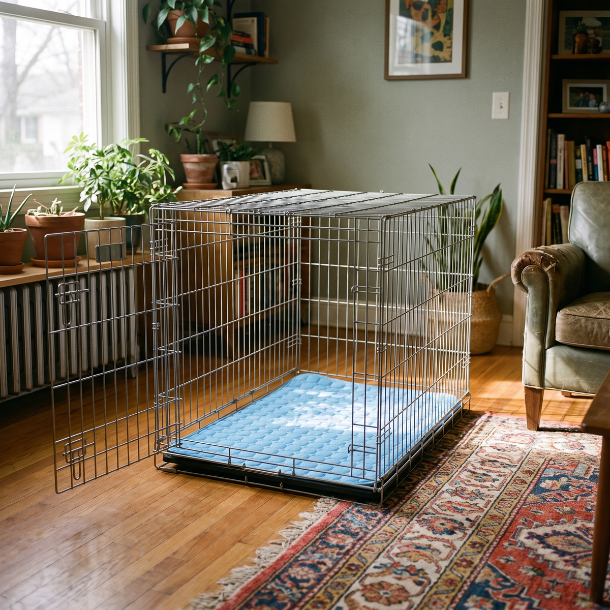 Cooling mat laid inside a dog crate