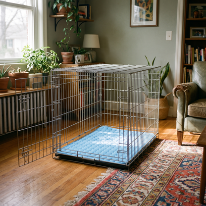 Cooling mat laid inside a dog crate