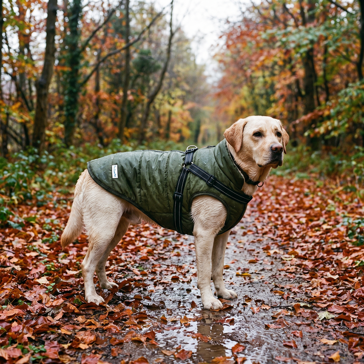 Dog wearing the coat on an autumn woodland path
