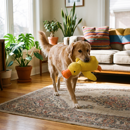 Dog carrying the duck toy across a rug
