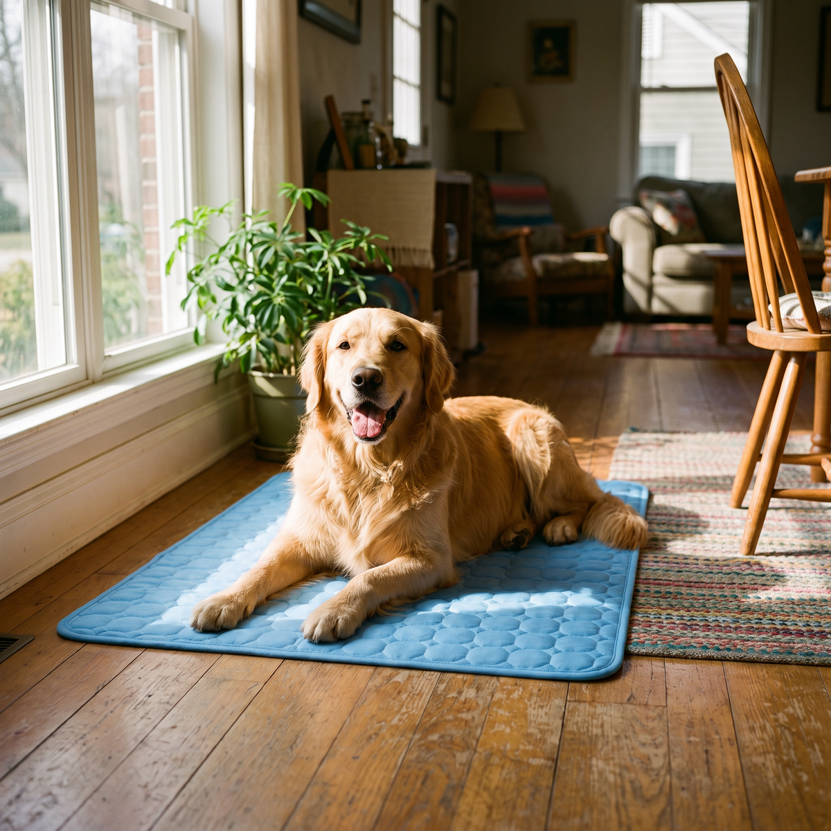 Dog lying on the cooling mat by a sunny window