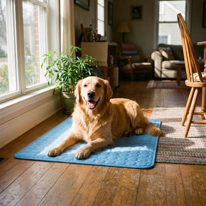 Dog lying on the cooling mat by a sunny window