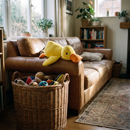 Duck toy in a basket of dog toys