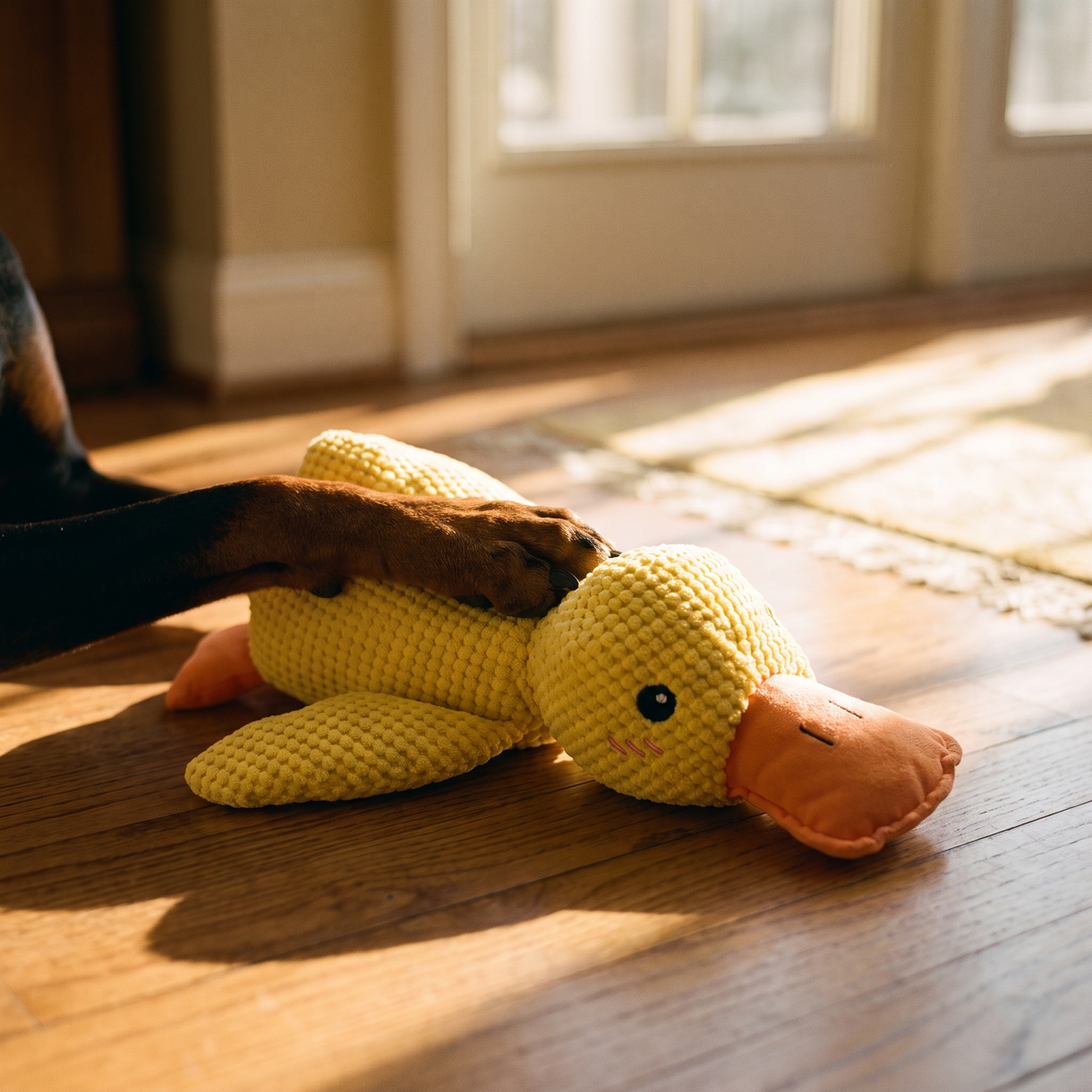 Duck toy on a wooden floor under a dog paw