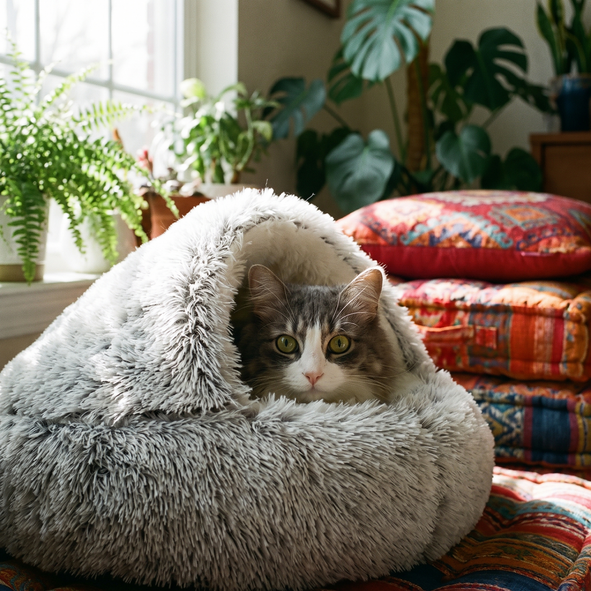 Cat peeking out of the cave bed hood
