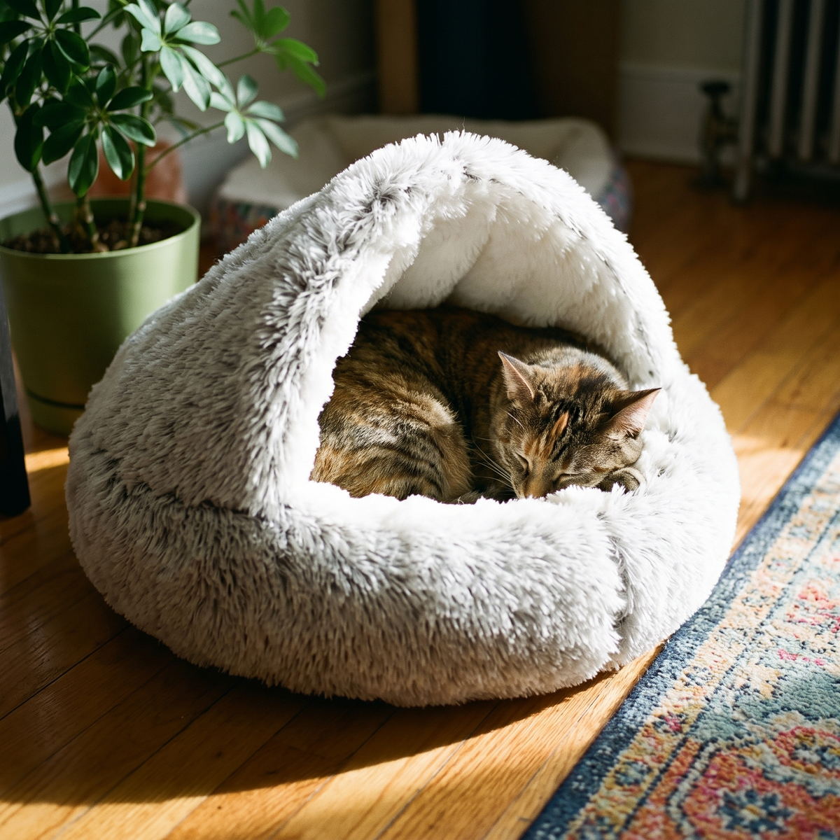 Cat curled asleep inside the hooded cave bed