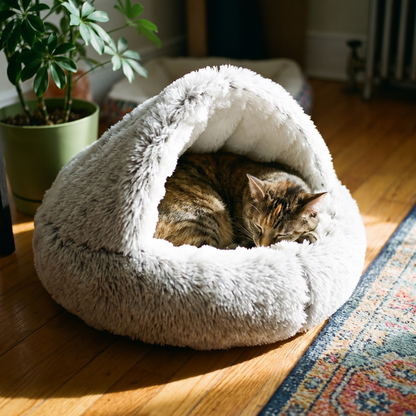 Cat curled asleep inside the hooded cave bed