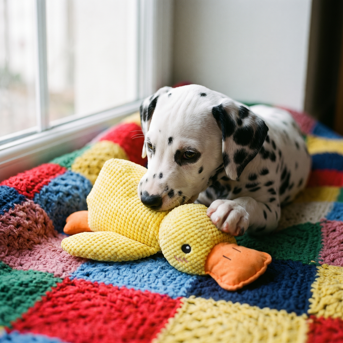 Puppy chewing the duck toy on a blanket