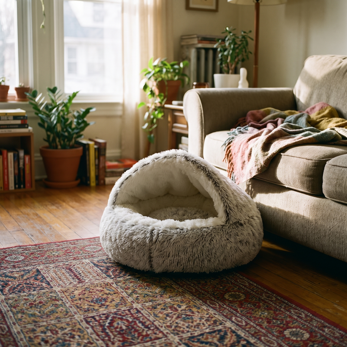 Cave bed on a rug beside a sofa