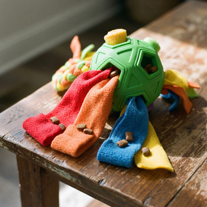 Treats tucked into the fabric layers of the snuffle ball