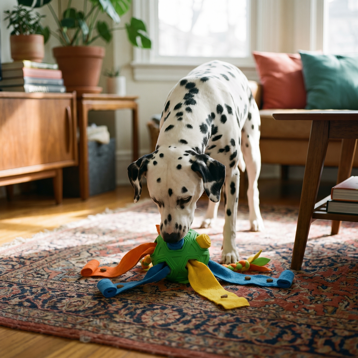 Dog nosing into the snuffle ball on a rug