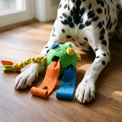 Snuffle ball between a dog's front paws on a wooden floor