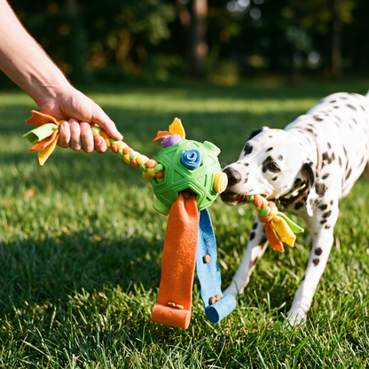 Dog tugging the snuffle ball rope outdoors