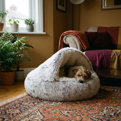 Small dog asleep inside the Burrow hooded cave bed in a living room