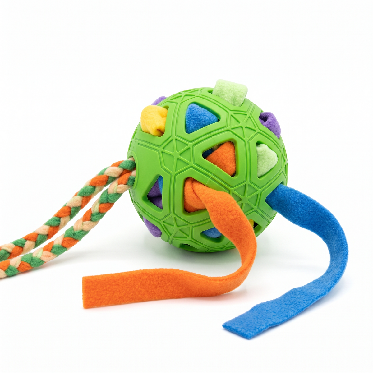 Forager snuffle ball and tug rope dog toy on a white background