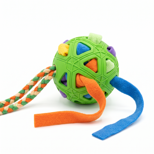 Forager snuffle ball and tug rope dog toy on a white background