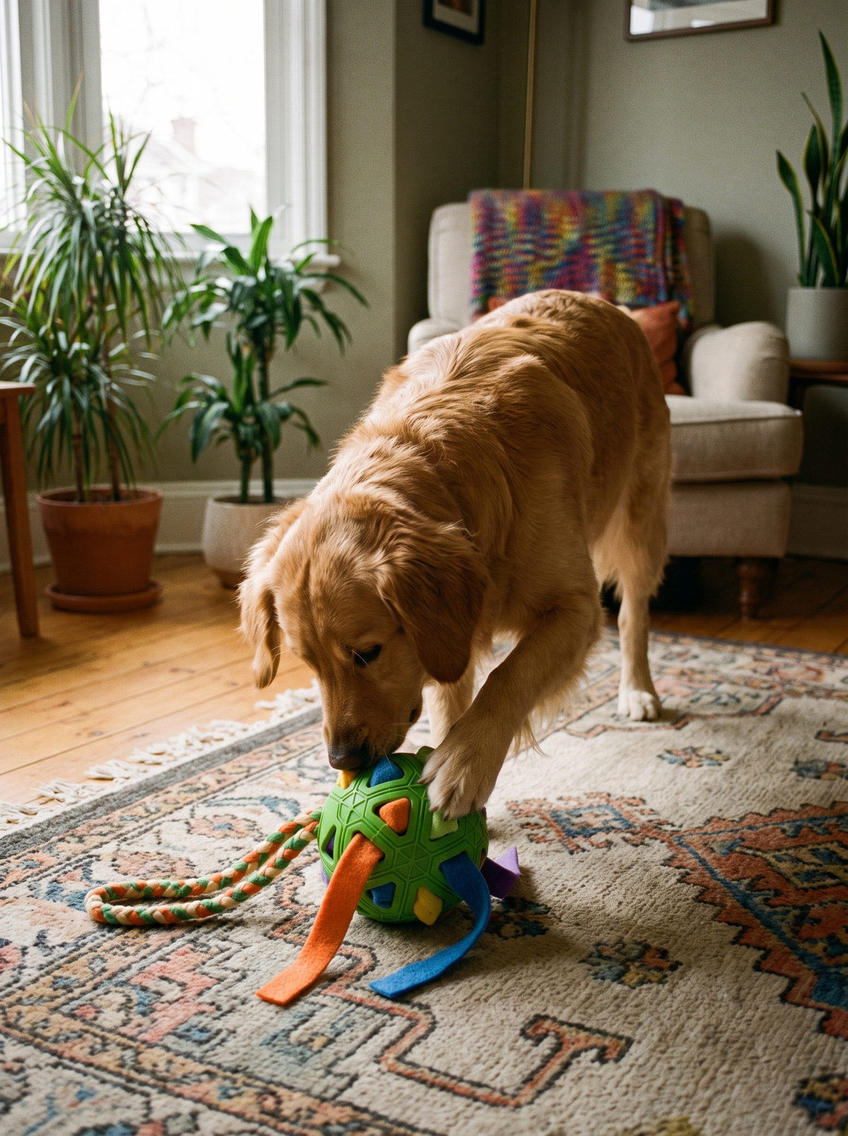Dog nosing into the Forager snuffle ball on a rug