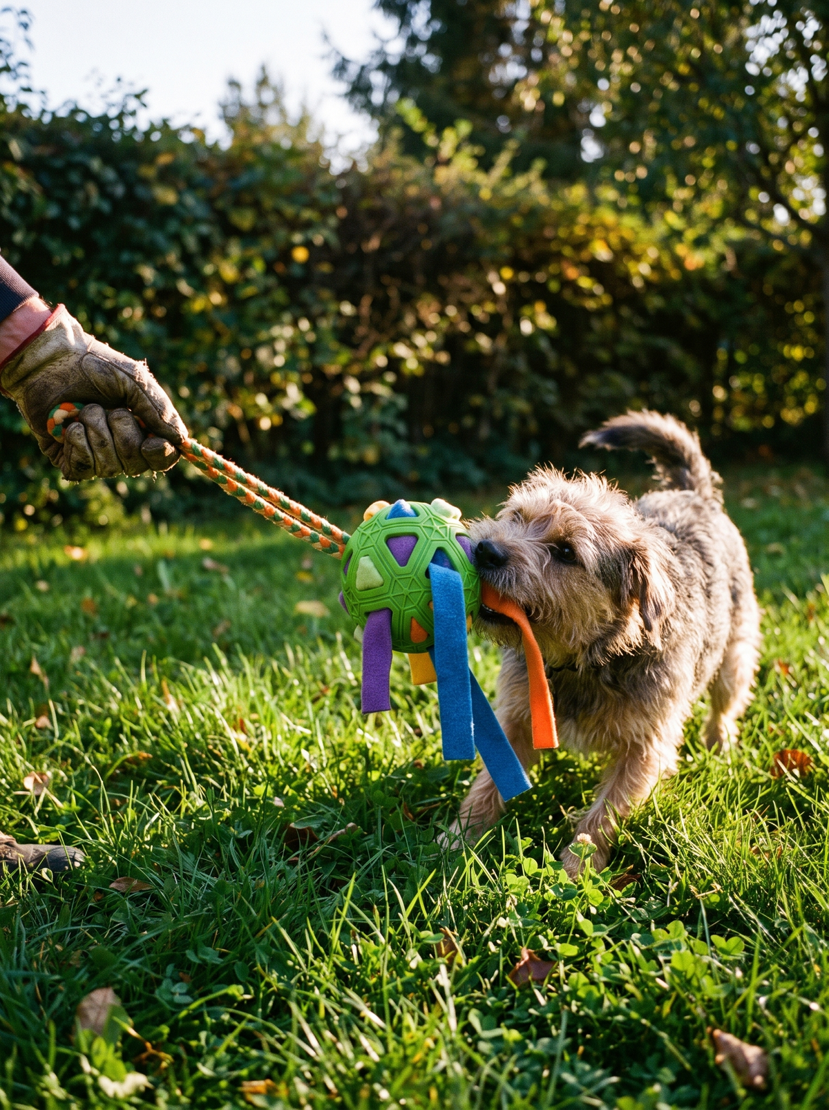 Dog playing tug with the Forager snuffle ball rope outdoors