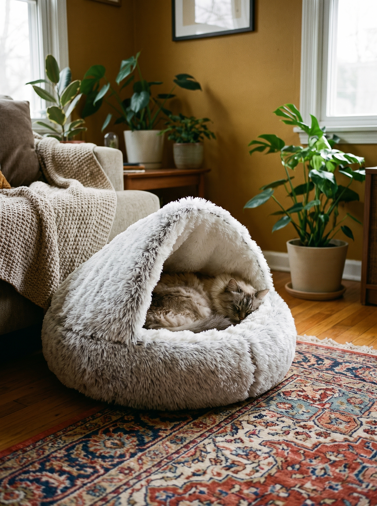 Cat asleep inside the Burrow hooded cave bed