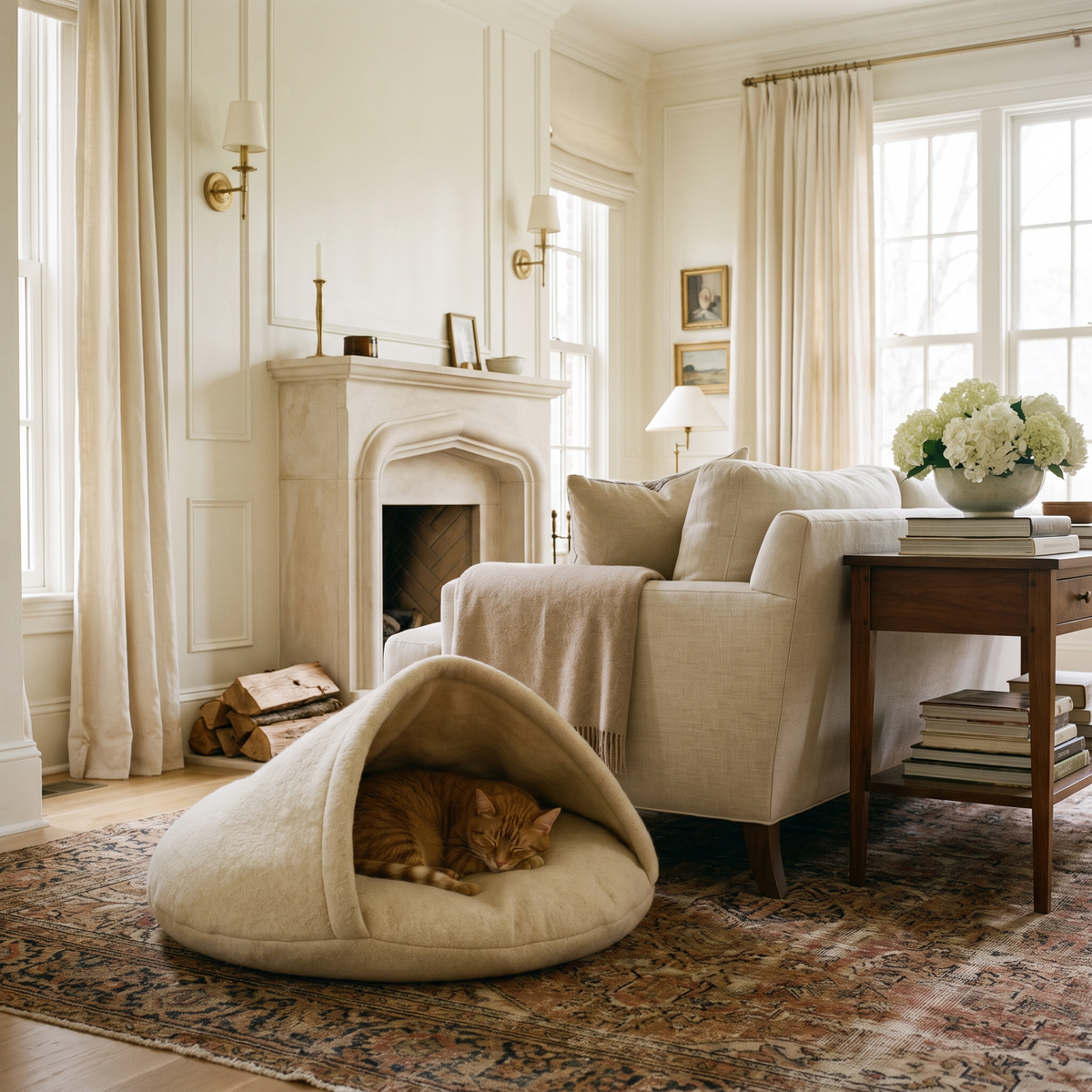 A cat asleep in a cream covered cave bed beside a limestone fireplace in a bright American sitting room