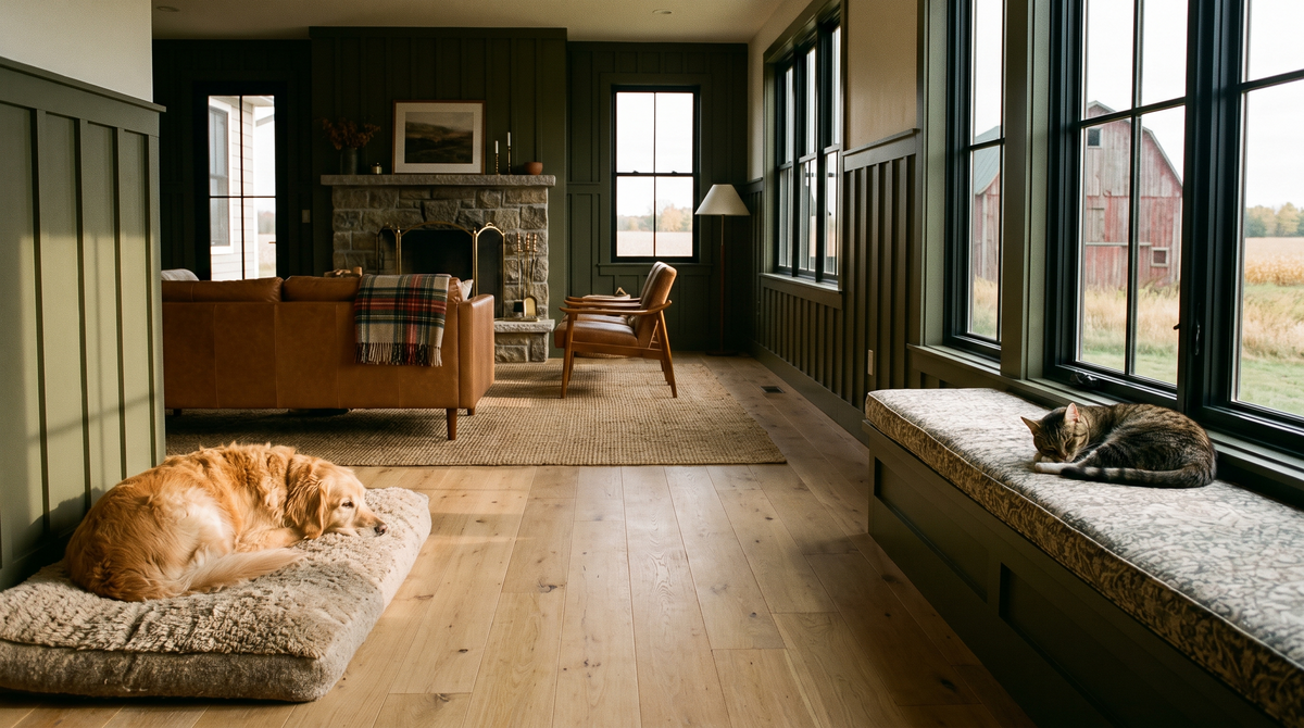 A dog on a bed and a cat on a window seat in a farmhouse living room