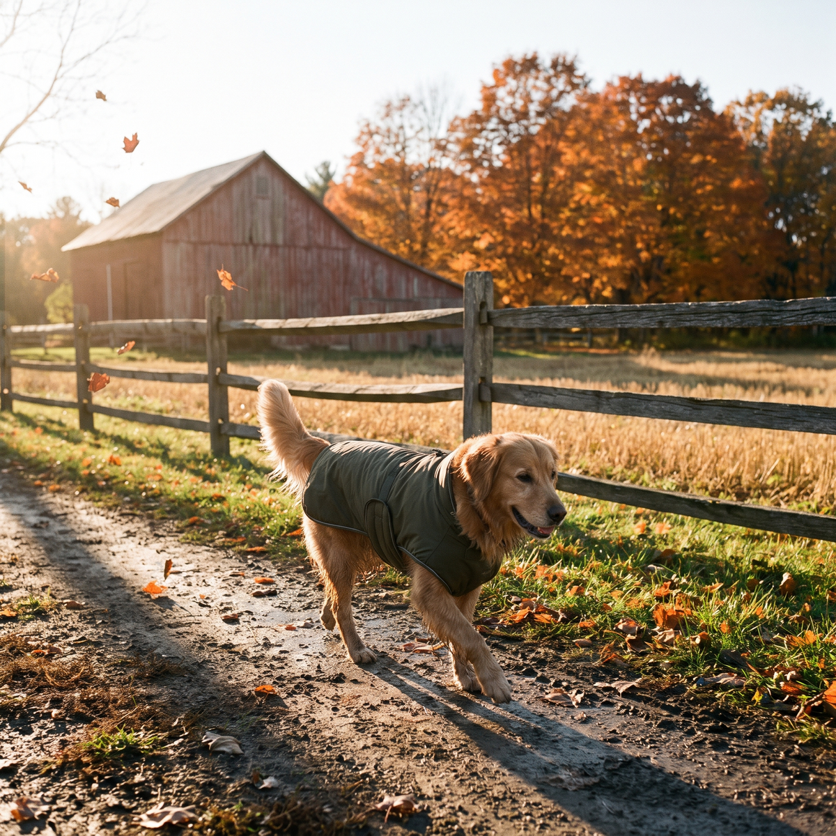 Golden retriever in an olive waterproof coat on a farm track in autumn