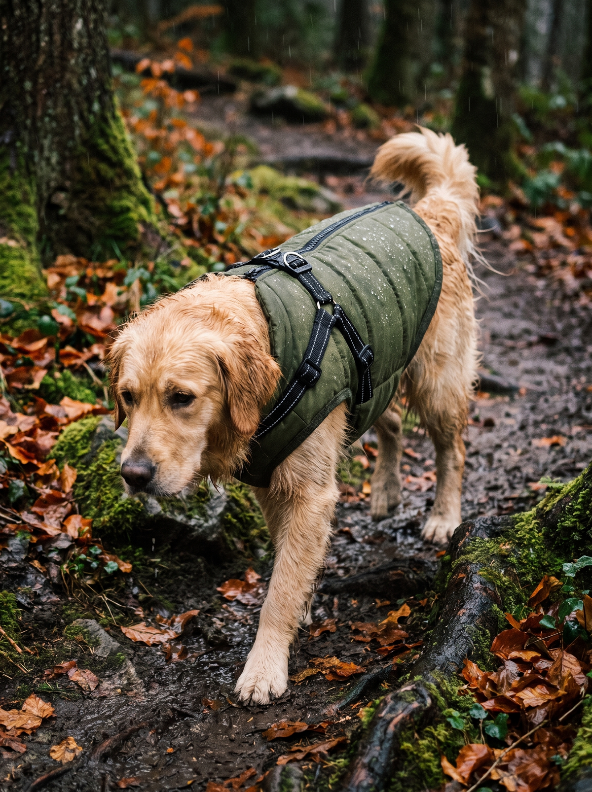 Dog in the Ridgeline coat on a wet woodland path