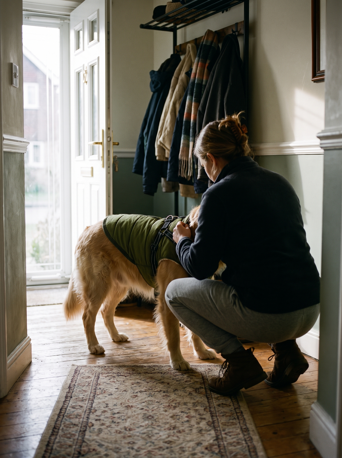 Fastening the Ridgeline coat on a dog by the front door