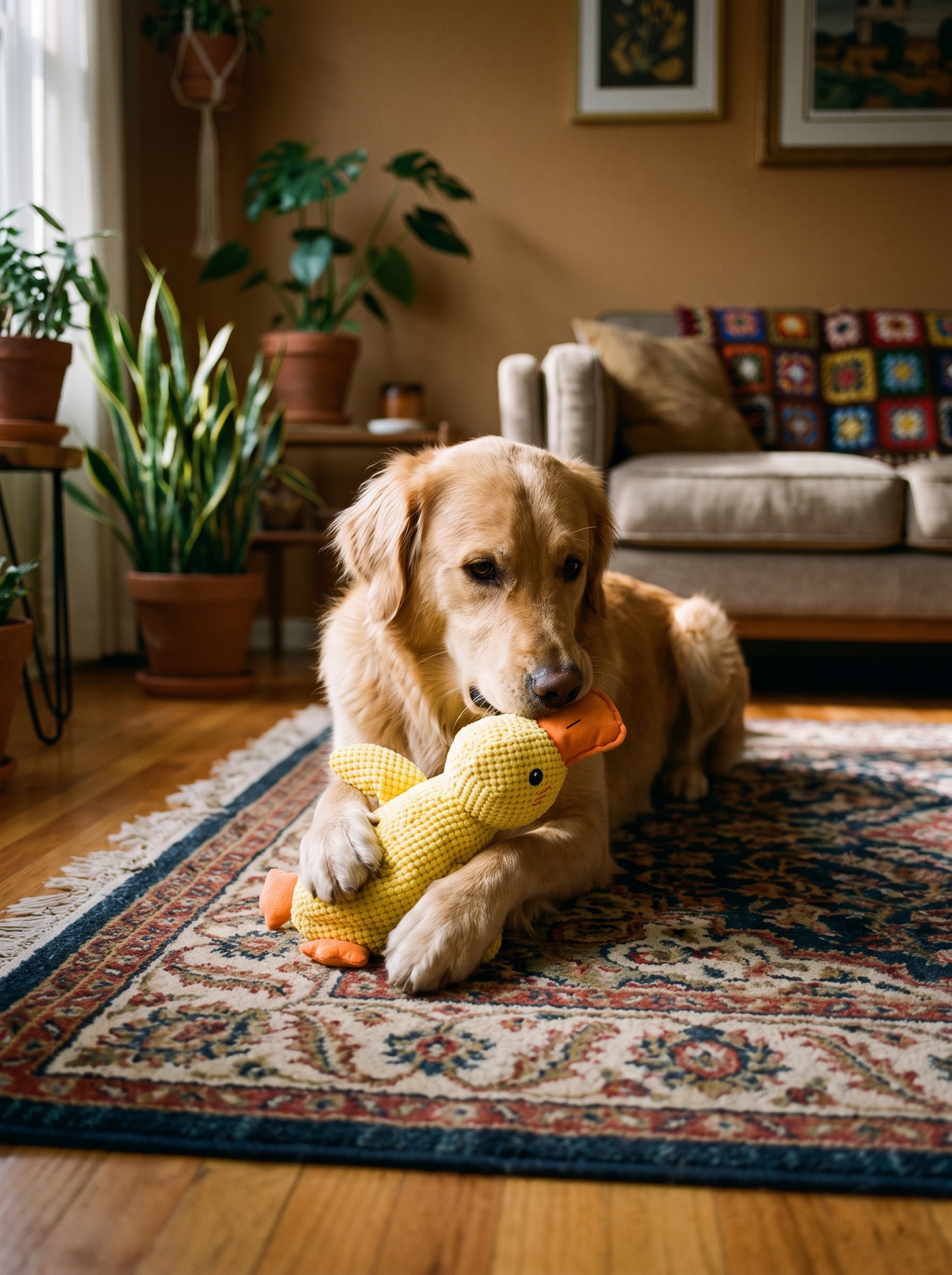 Dog chewing the Quackers plush duck on a rug