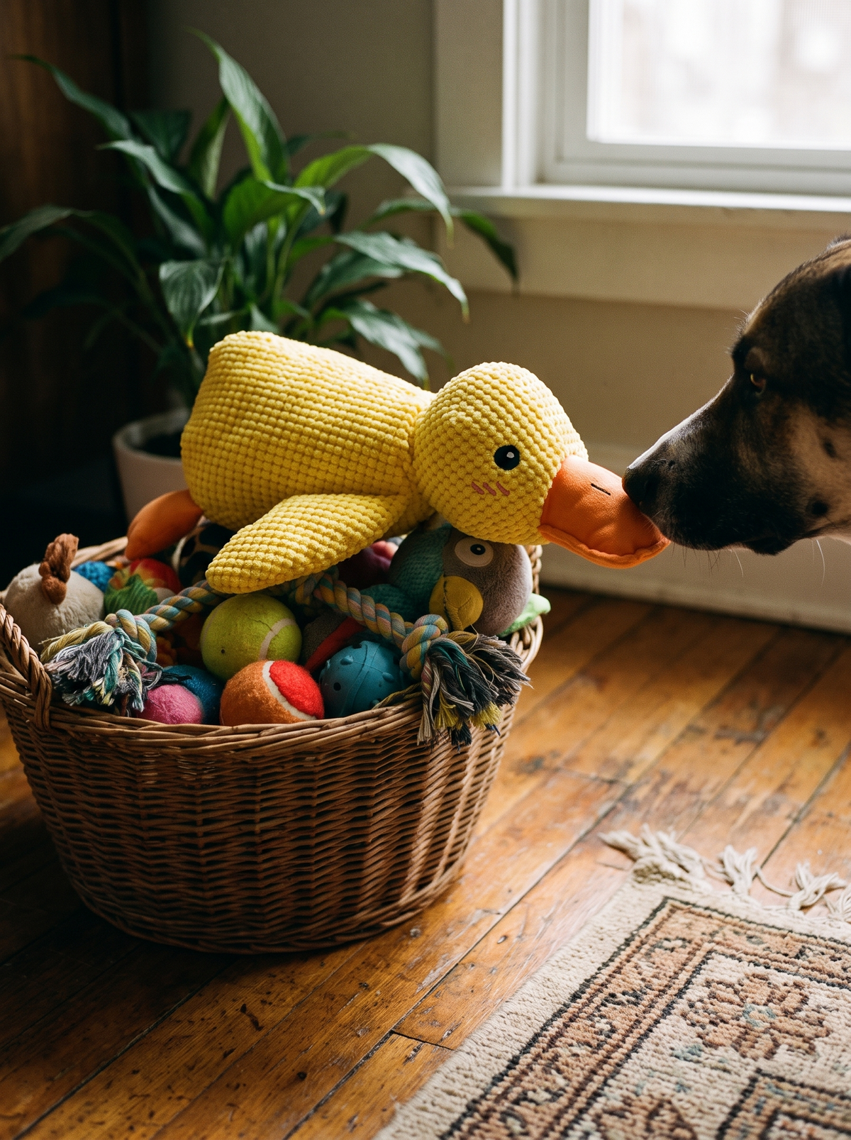 Quackers duck in a basket of dog toys with a dog reaching for it