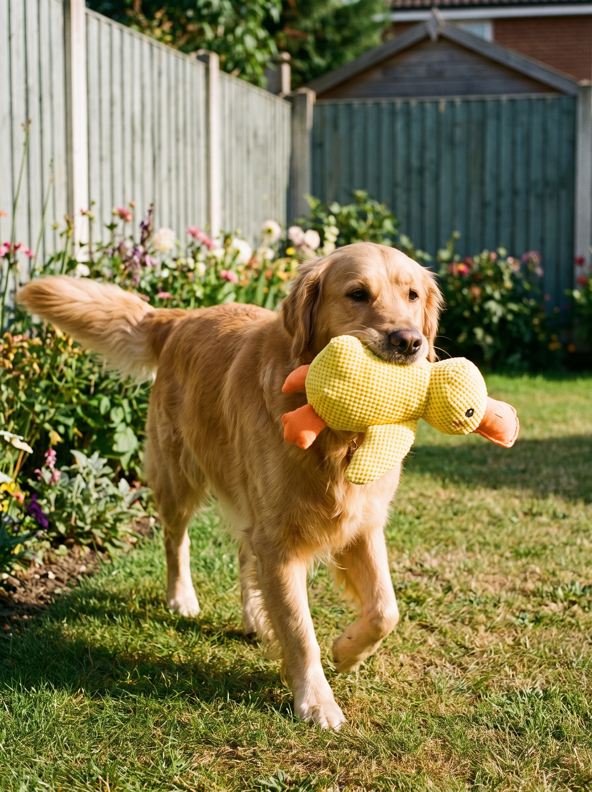 Dog carrying the Quackers duck across a garden lawn