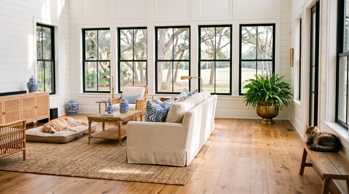 A bright Southern living room with a dog asleep on a bed and a cat on a bench
