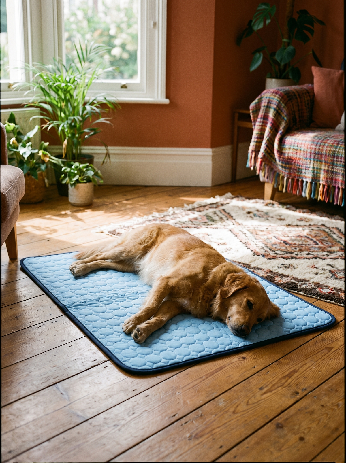 Dog resting on the Frostbed cooling mat in a living room