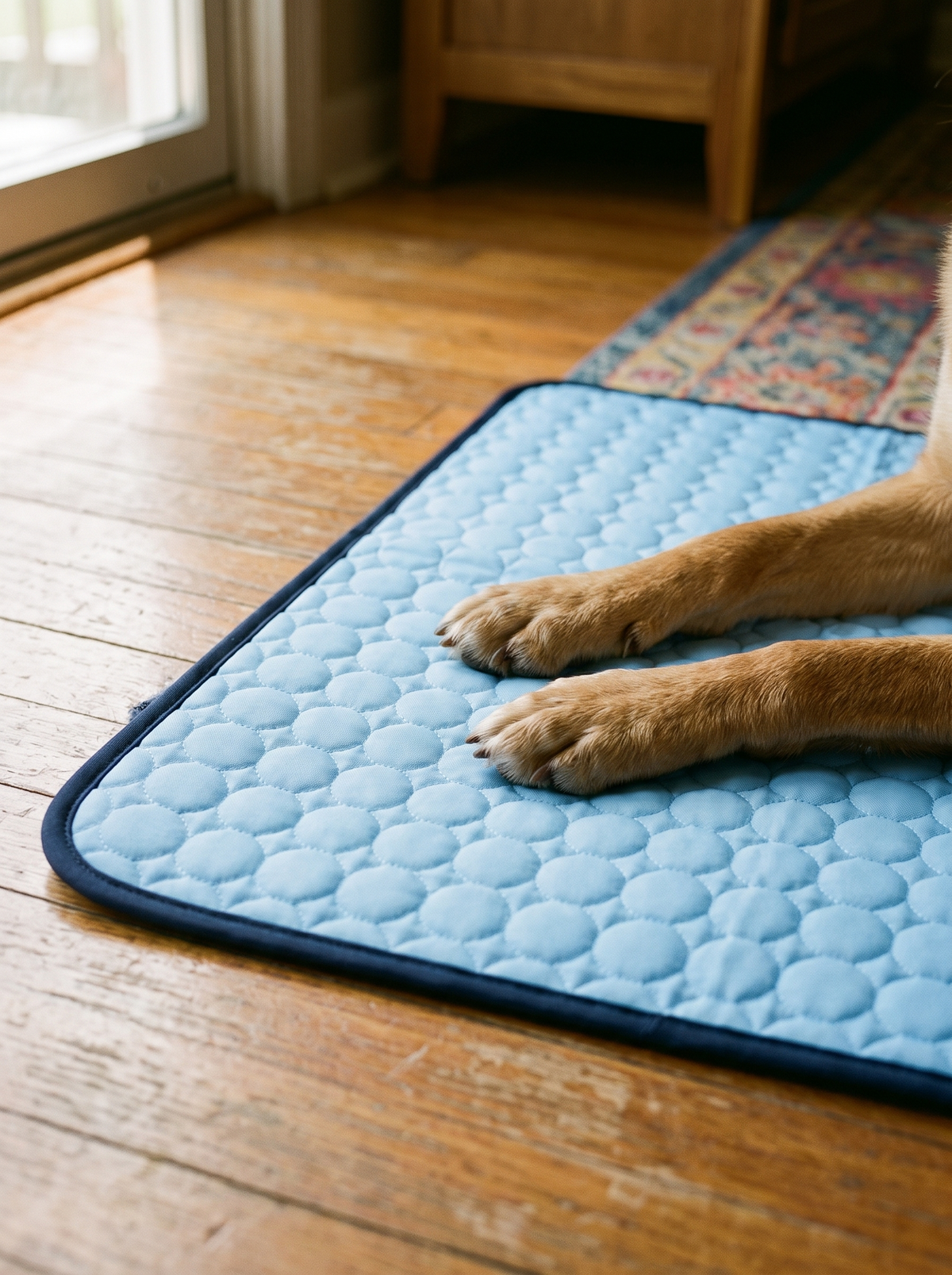 Close view of the cooling mat surface with a dog's paws on it