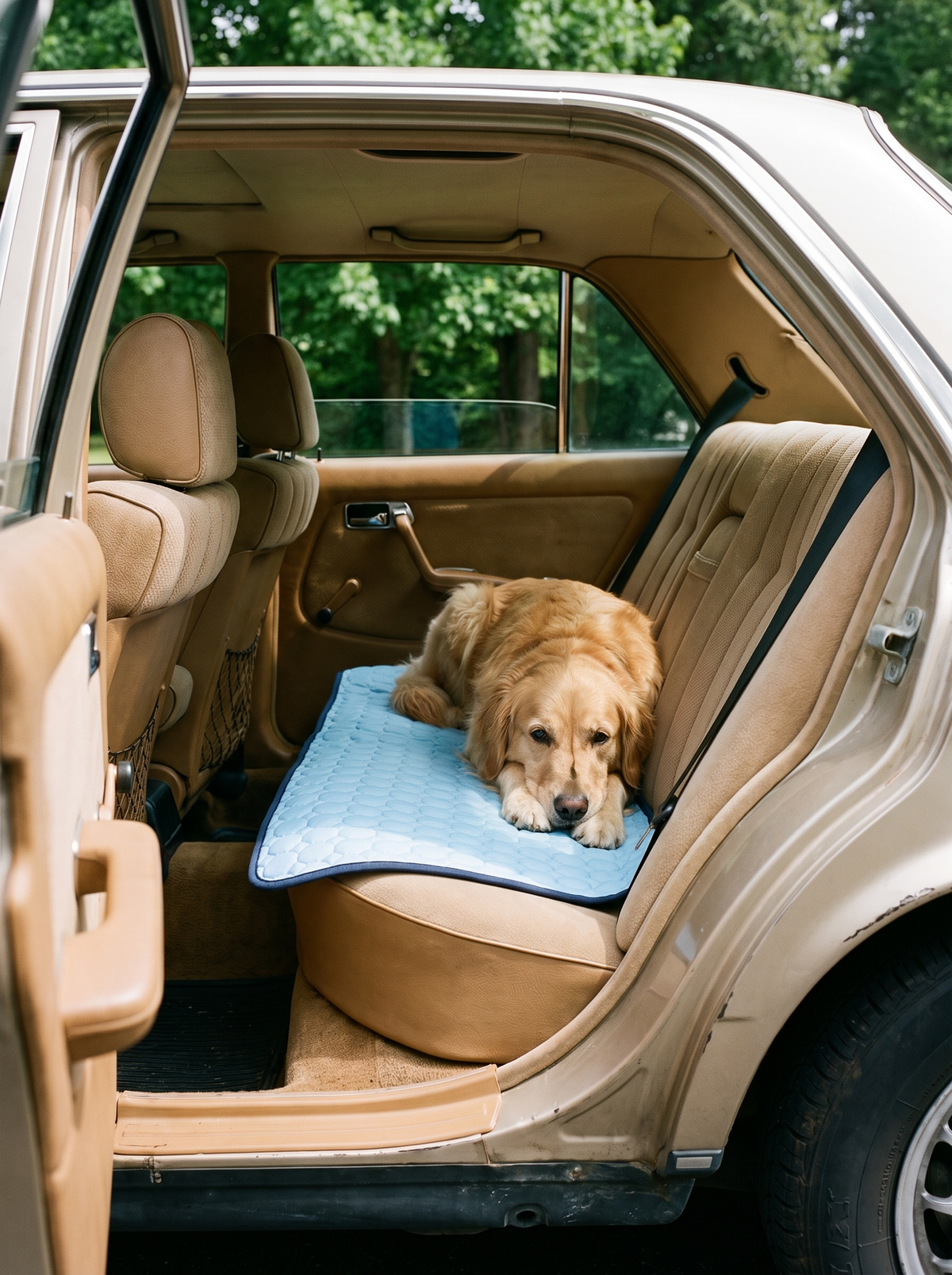 Cooling mat laid across a car back seat with a dog on it