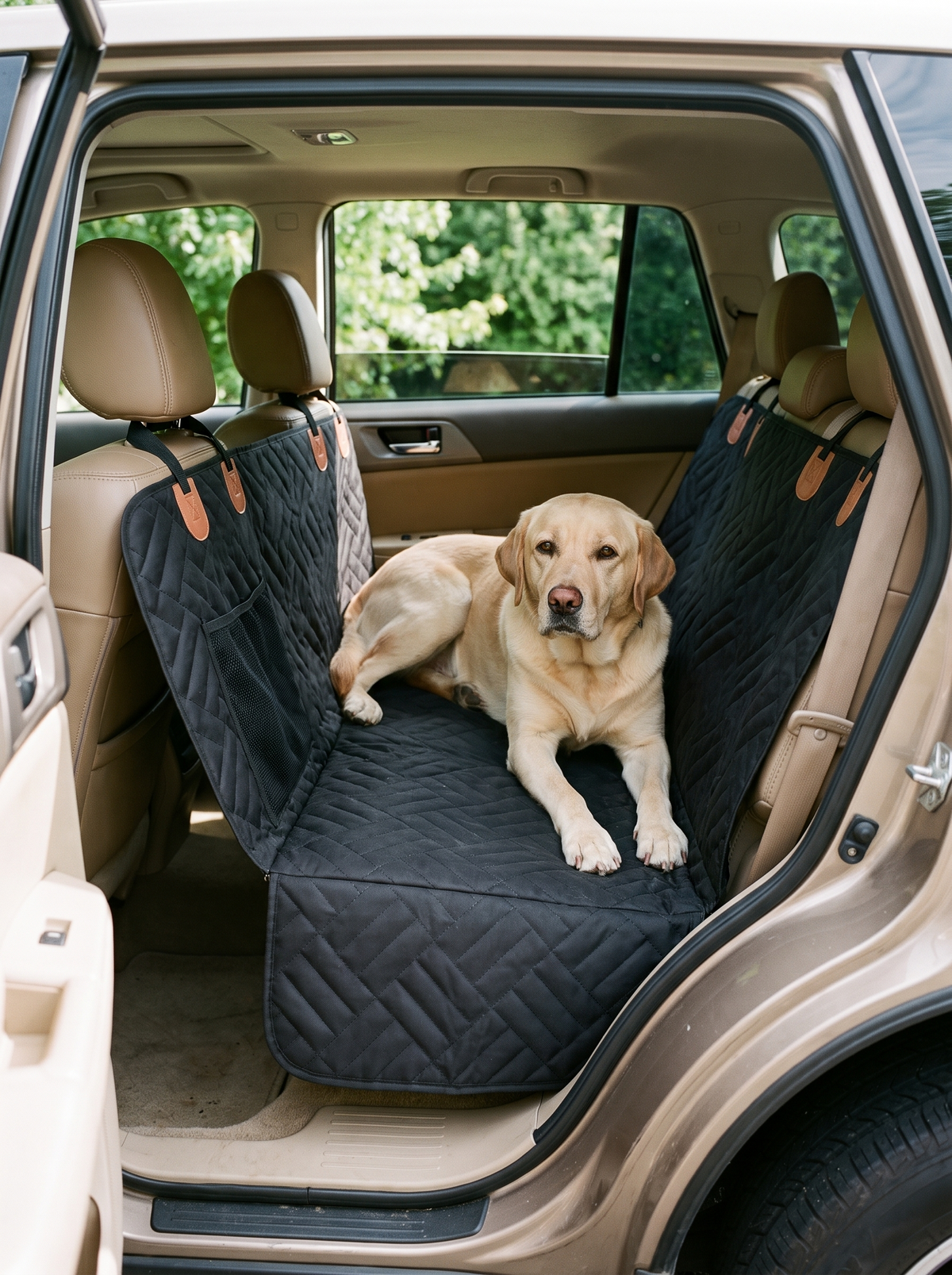 Labrador on the Voyager seat cover across an SUV back seat