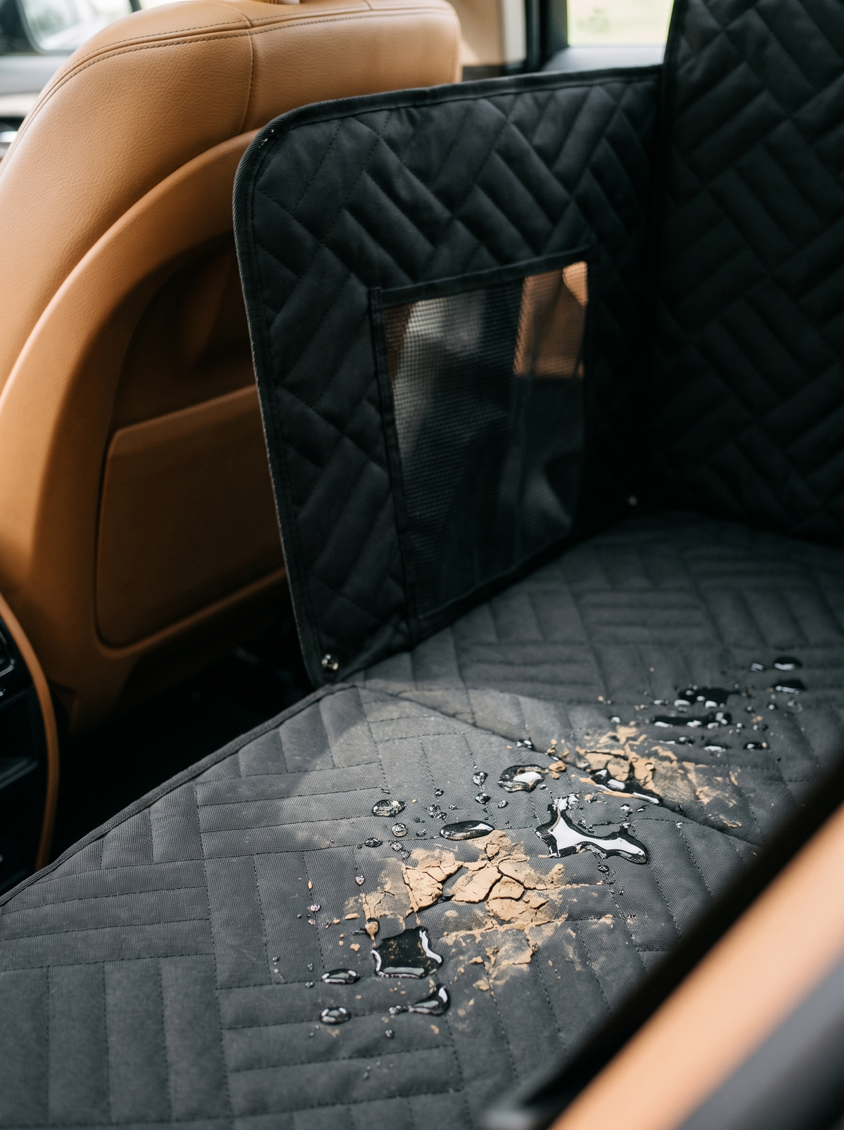 Water beading on the waterproof surface of the Voyager seat cover