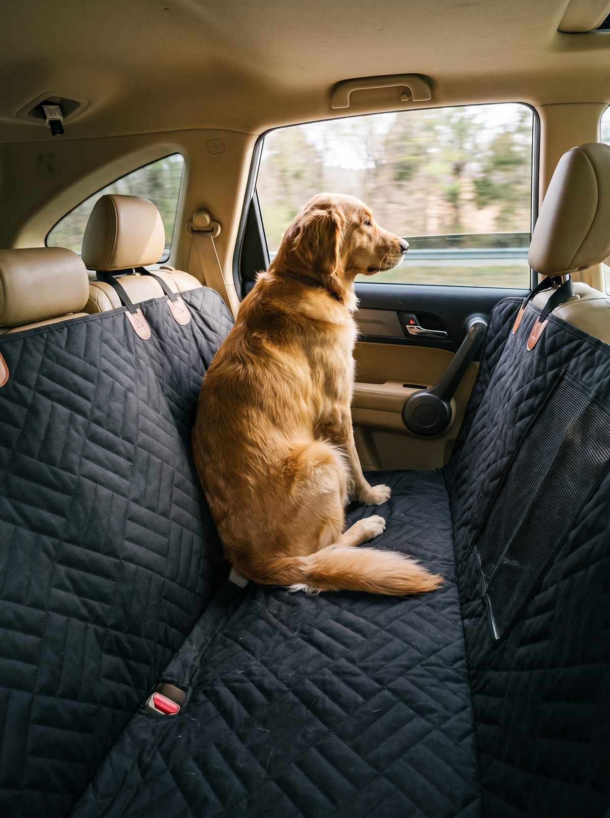 Dog sitting on the Voyager seat cover during a drive